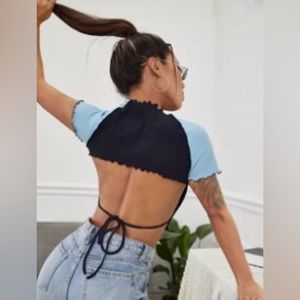 Combined color shirt with open back with drawstring trim